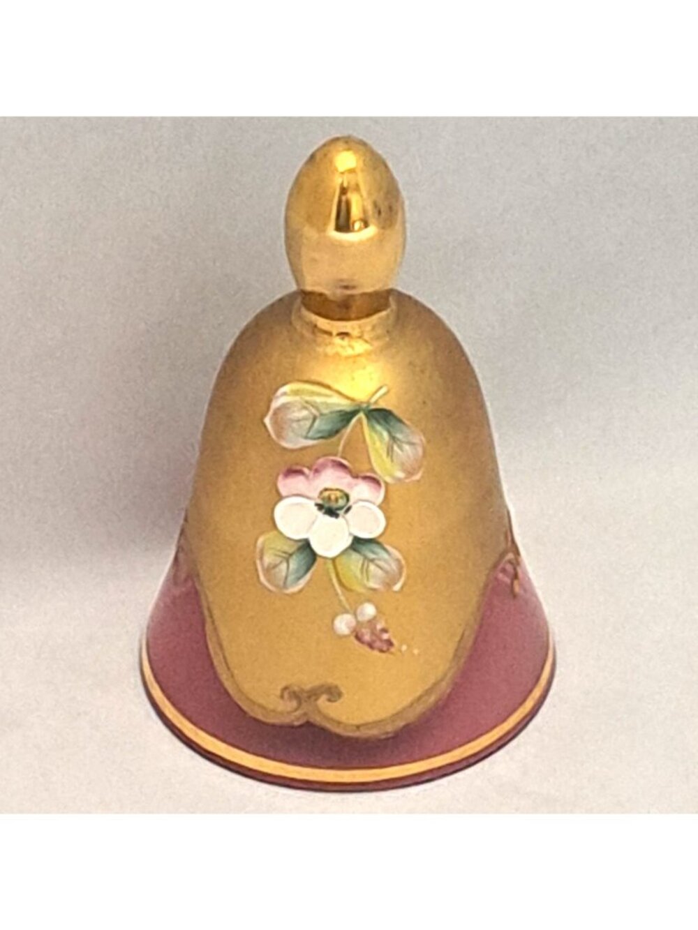 Bohemian Cranberry Art Glass Bell Gold Gilt Hand Painted Enamel Floral Vintage